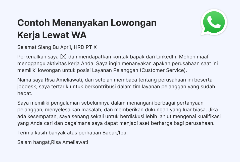 Contoh Menanyakan Lowongan Kerja Lewat WA
