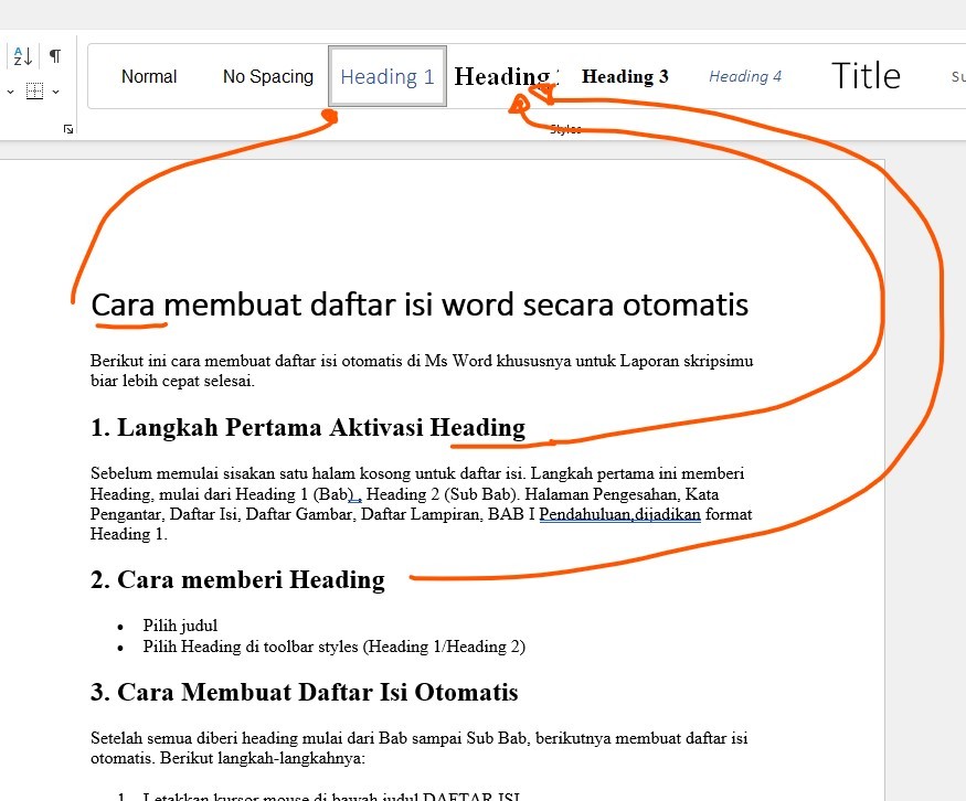 setting heading di word